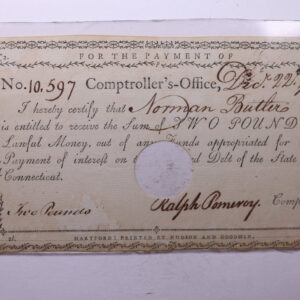 1790 Connecticut Comptrollers Receipt, Affordable Collectible Currency, Sale #353457