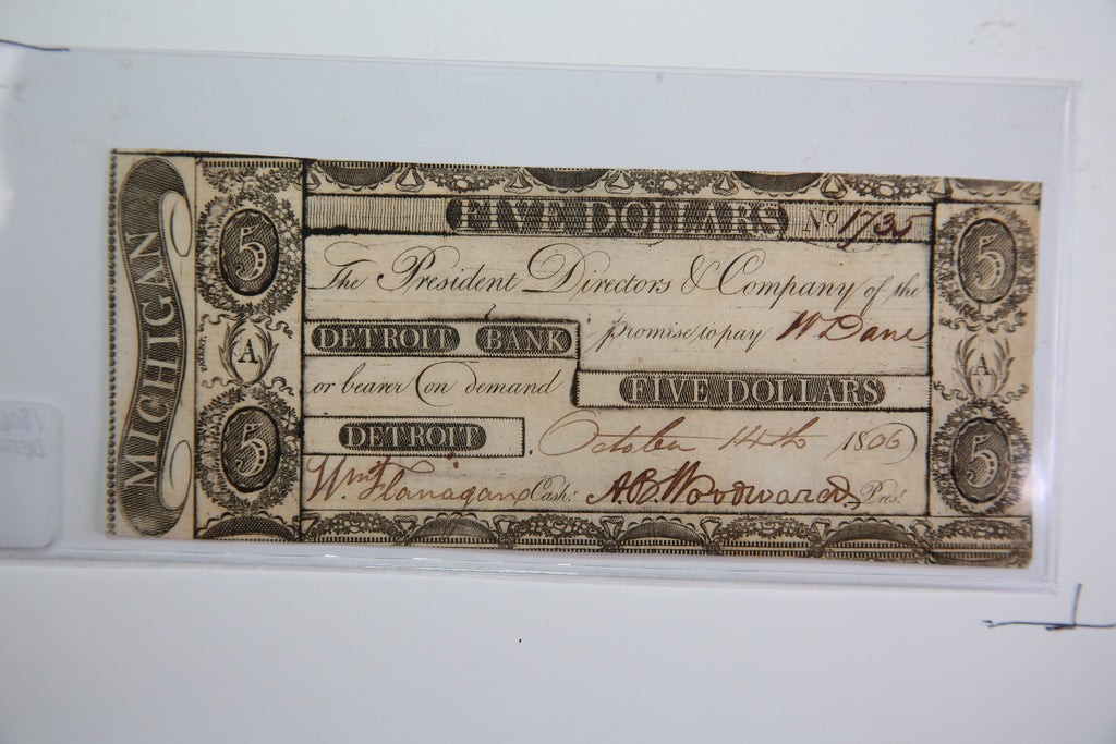 1806 $5, Detroit, Michigan., Obsolete Currency, Store Sale 0932303
