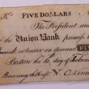 1808 $5, UNION BANK., Boston, MASS., Store #18590