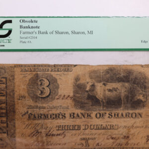 1837 $3 Farmers Bank of Sharon., SHARON MI., PCGS F-12., Store #GMI016