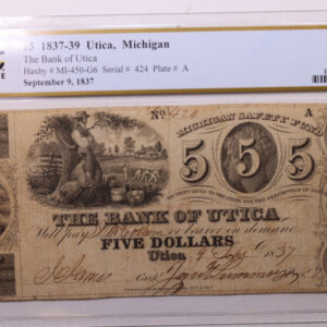 1837 $5, Bank of UTICA, MI., Obsolete., PCGS VF-25., Store #GMI002
