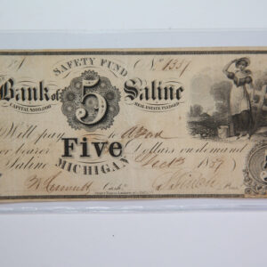 1837 $5, Saline, Michigan., Obsolete Currency, Store Sale 0932444