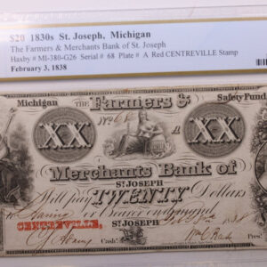 1838 $20., Merchants Bank of St Joseph, MI., PCGS VF-30., Store #GMI007