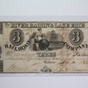 1838 $3, Monroe, Michigan., Obsolete Currency, Store Sale 0932411