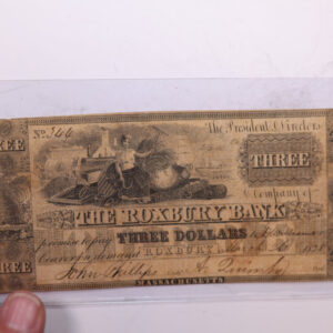 1838 $3, The ROXBURY BANK., MA., Obsolete Currency. Nice Note. #06195