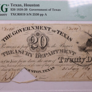 1838-39 $20, Houston, Texas, Government Issue., STORE #GTX002