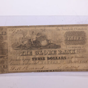 1839 $3., The Globe Bank, ME. Affordable Collectible Currency, Store #06208