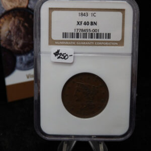 1843 Liberty Head Large Cent. NGC Graded XF 40 BN. Store #08478