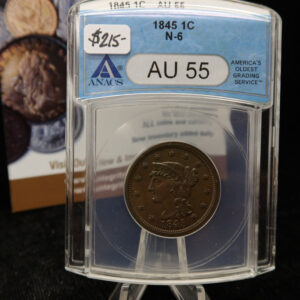 1845 Liberty Head Large Cent. ANACS Graded AU55. Store #08479