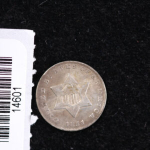 1851 Three Cent-Silver Piece., Affordable Collectible Coin. Store #14601