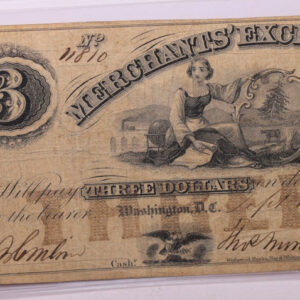 1852 $3, MERCHANTS' Bank, Wash D.C., Obsolete., STORE #18421