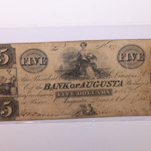 1852 $5, Bank of AUGUSTA, GA., Cancelled., Obsolete Currency., Store #GA008.