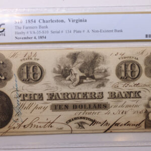 1854 $10., Farmers Bank., Charleston, VA., Obsolete., PCGS AU-50., Store #GVA002