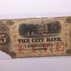 1854 $5, City Bank., Augusta, GA., Obsolete Currency., Store #GA001