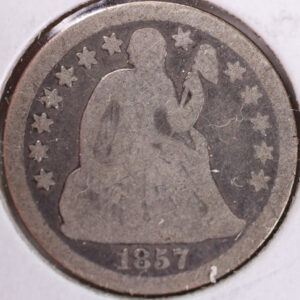 1857 Seated Liberty Silver Dime, Very Good Circulated Coin, Store #d857.02