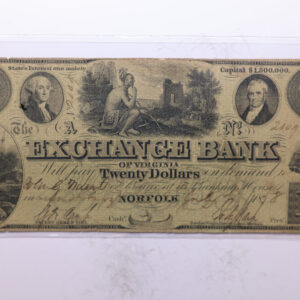 1858 $20, Exchange Bank of Norfolk, VA., Obsolete Currency., Store #2130