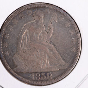 1858 Liberty Seated Half Dollar, Affordable Circulated Coin. Store Sale #23080925