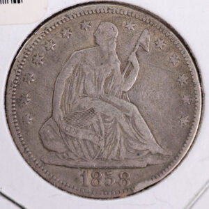 1858 Liberty Seated Half Dollar, Affordable Circulated Coin. Store Sale #23080926