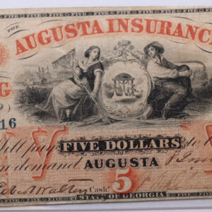 1860 $5, AUGUSTA INSURANCE, GA., Obsolete Currency., Store #GA014.