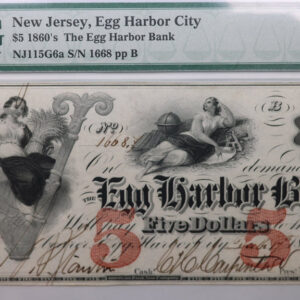 1860 $5., Egg Harbor City, N.J., Obsolete., PMG AU-58., Store #GNJ002
