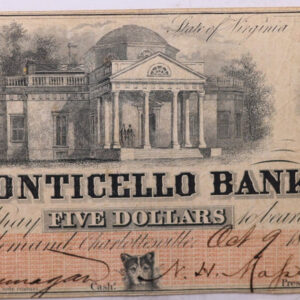 1860 $5, MONTICELLO BANK, VA., Obsolete Currency., Store #OBS014.
