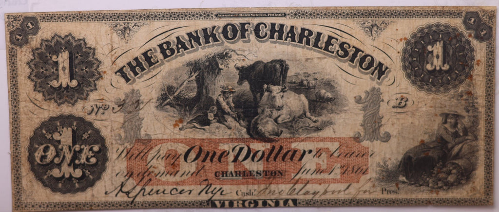 1861 $1, Bank of Charleston, VA., Circulated Obsolete Currency., Store #OBS003.
