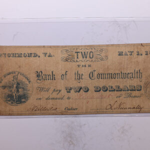 1861 $2, Bank of Commonwealth, Richmond, VA., Obsolete Currency., Store #2138