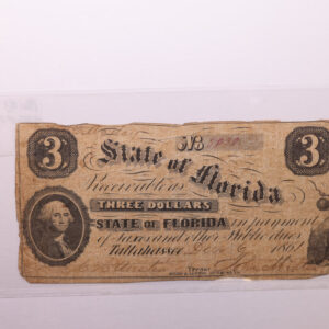 1861 $3., State of Florida, TALLAHASSSEE., Obsolete Currency., Store #FL002.