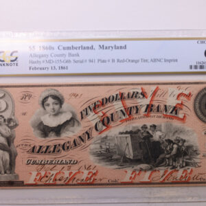 1861 $5., ALLEGANY COUNTY BANK., Cumberland, MD., PCGS CU-64., Store #GMD001