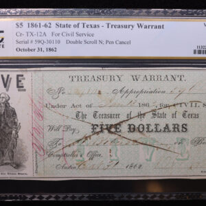 1861-62 $5, State of Texas., Obsolete Currency, PCGS Graded: VF-30., Store #GTX001