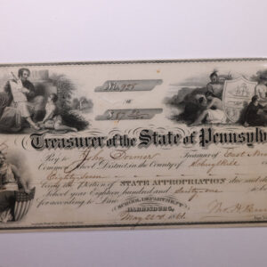 1861 $87.20, Treasurer, State of Pennsylvania., Obsolete Currency., Store #PA004.