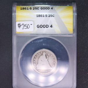 1861-S Seated Liberty Quarter, ANACS Good 4. Store #05483