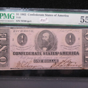 1862 $1 C.S.A. Note, Civil War Era Currency. PMG AU-55. Store Sale #04877