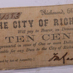 1862 10 Cent., City Of Richmond., Obsolete Currency., Store #OBS008.