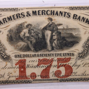 1862 $1.75, Farmers Merchants Bank, Wash D.C., Obsolete Currency., #18394