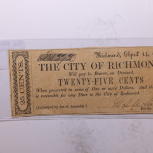 1862 25 Cent., City Of Richmond., Obsolete Currency., Store #OBS010.