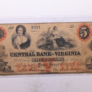 1862 $5, Central Bank of Virginia., Staunton., Obsolete Currency., Store #2142
