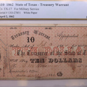 1862 $5., Obsolete, State of Texas., PCGS VF-20., Store Sale #GTX003
