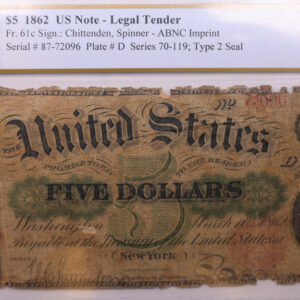 1862 $5., U.S. Legal Tender Note, Store Sale #1510