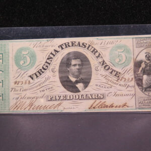 1862 $5 Virginia Treasury Note, 'Civil War Era', Nice Note. Store #04906
