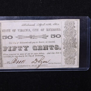 1862 50 Cent, Obsolete Currency, Richmond VA, Store Sale 00760