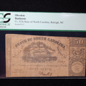 1862 50 Cent., State of North Carolina., Raleigh., PCGS VF-20., Store #GNC024