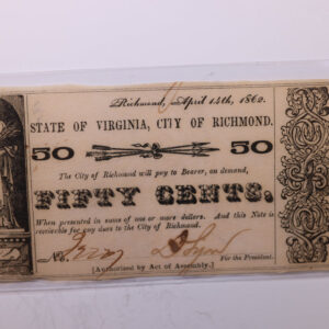 1862 50 Cent, The City of Richmond, VA., Obsolete Currency., Store #2145