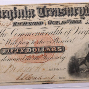 1862 $50 Virginia Treasury Note., Obsolete Currency., Store #OBS025.