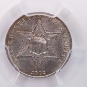 1862/61 Three Cent Silver, Overdate, PCGS MS-62., SALE #88209