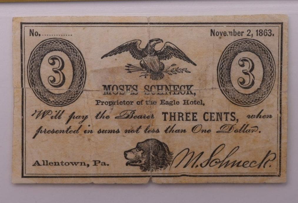 1863 3 Cent., MOSES SCHNECK., Allentown, PA., PCGS VF-25., Store Sale #GPA001