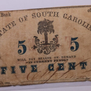 1863 5 Cents., Bank of South Carolina., Obsolete Currency., Store #SC004.