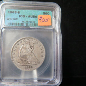 1863-S Seated Liberty Half Dollar, ICG Graded AU50 Circulated Coin. Store # 03332