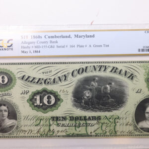 1864 $10., ALLEGANY COUNTY BANK., Cumberland, MD., PCGS AU-58., Store #GMD003