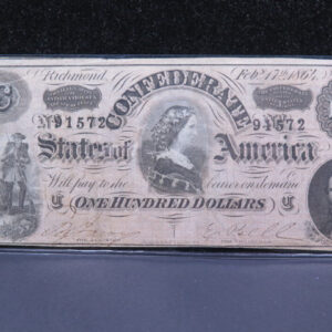 1864 $100 C.S.A. Note, Civil War Era Currency. Store Sale #04814